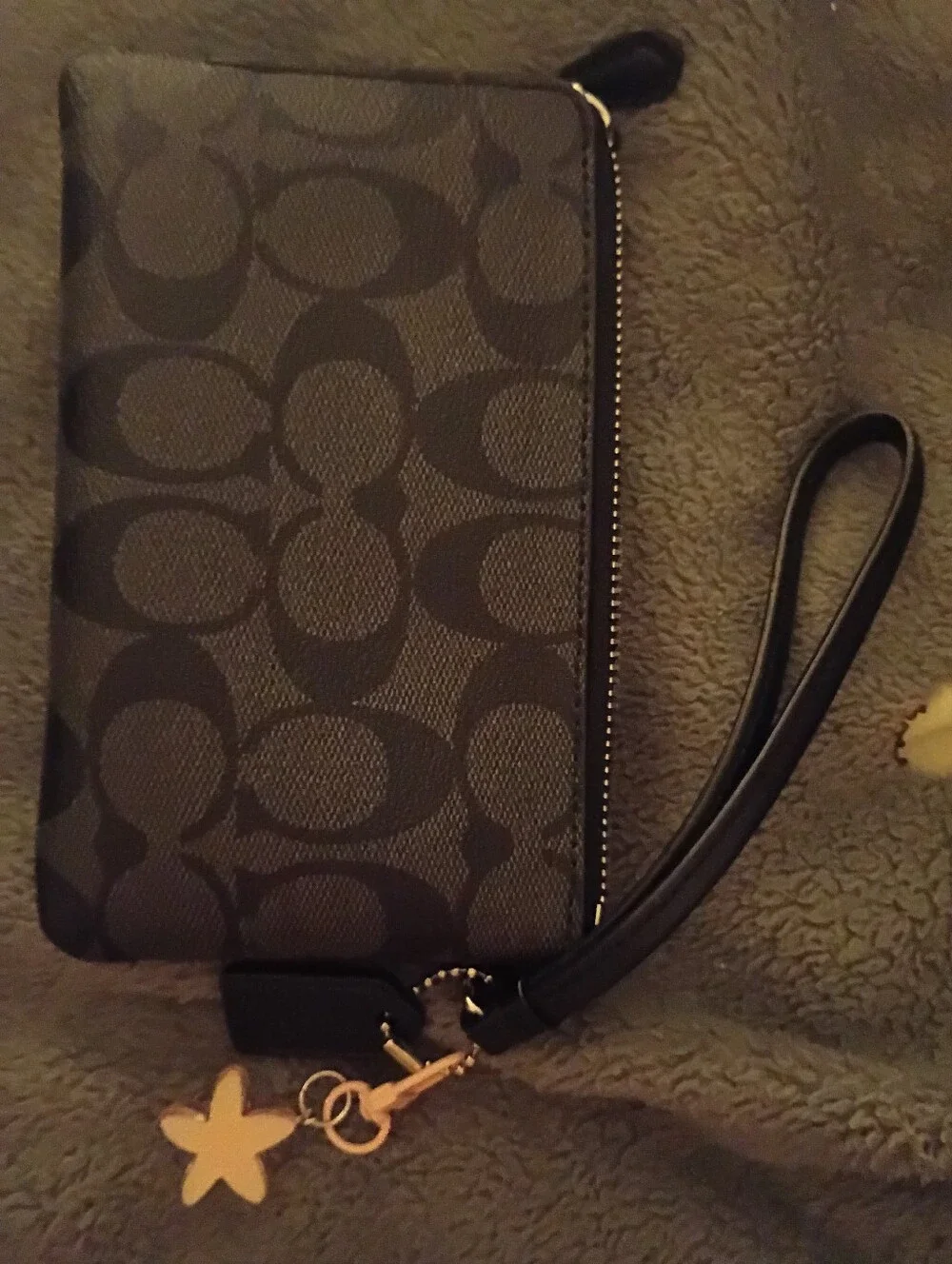 Coach Black & Charcoal Signature Zip Wristlet with Flower Charm